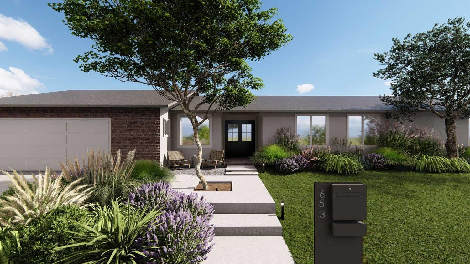 Thousand Oaks front yard with trees, flowers and concrete steps