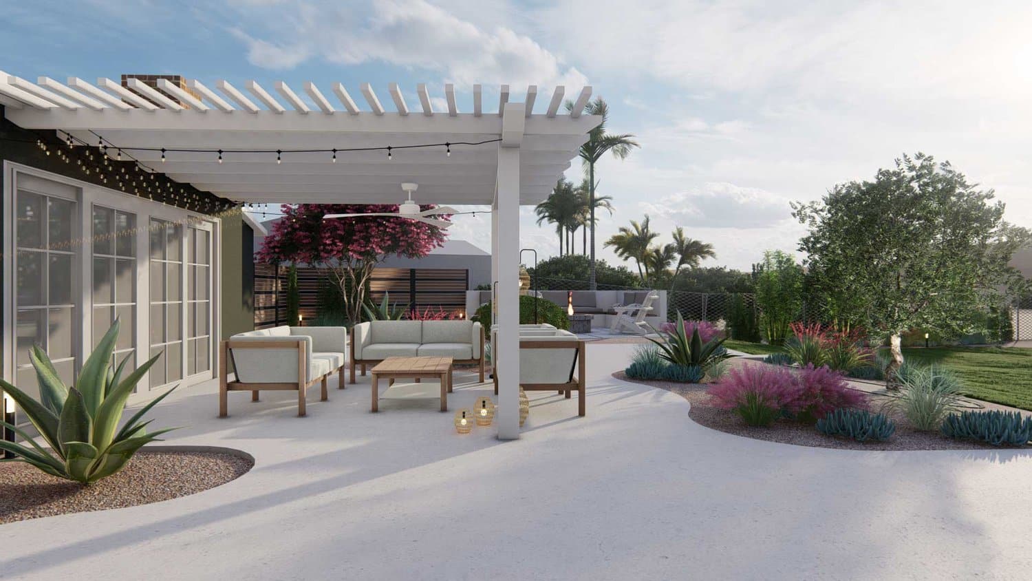 Thousand Oaks beautifully designed backyard with concrete flooring paths and pergola over lounge chaises