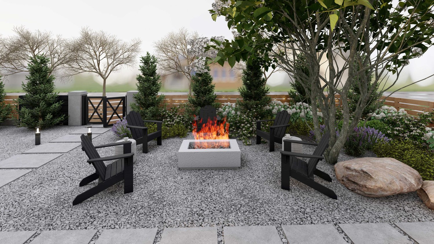 Twin Falls fenced front yard with gravel groundcover and concrete paths, alongside fire pit seating area, trees and flowers and boulder stones