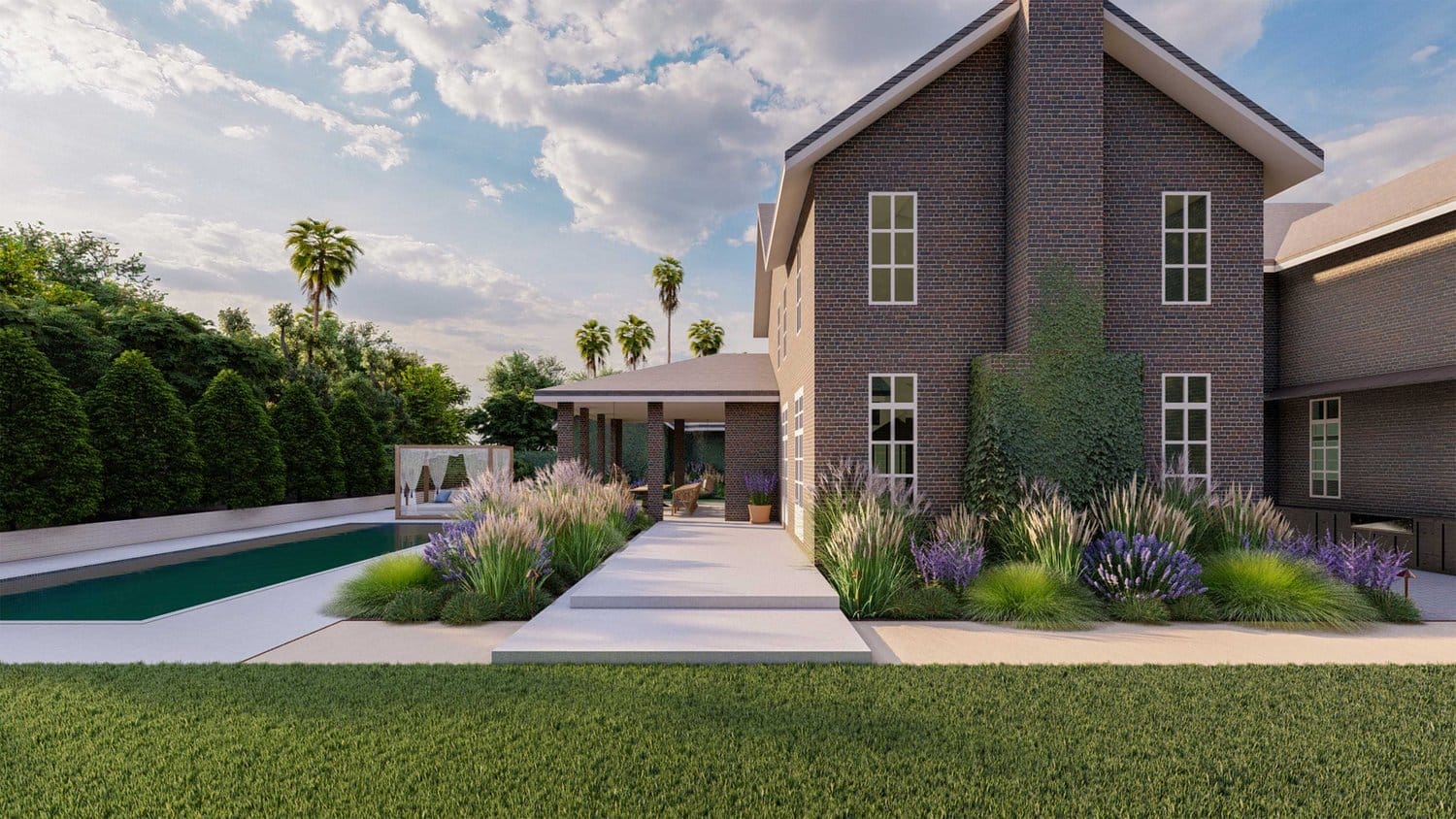 Winter Park side yard with lawn and pool with lounge chair