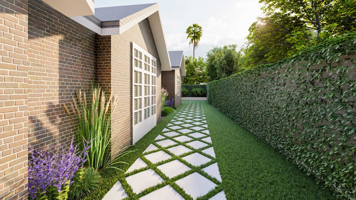 Winter Park side yard with plants, lawn and paver with green walls