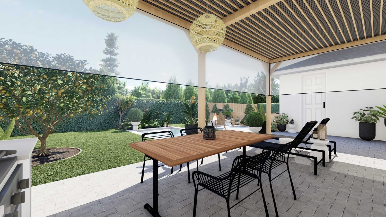 Winter Park backyard dining area with pergola and lawn with green wall