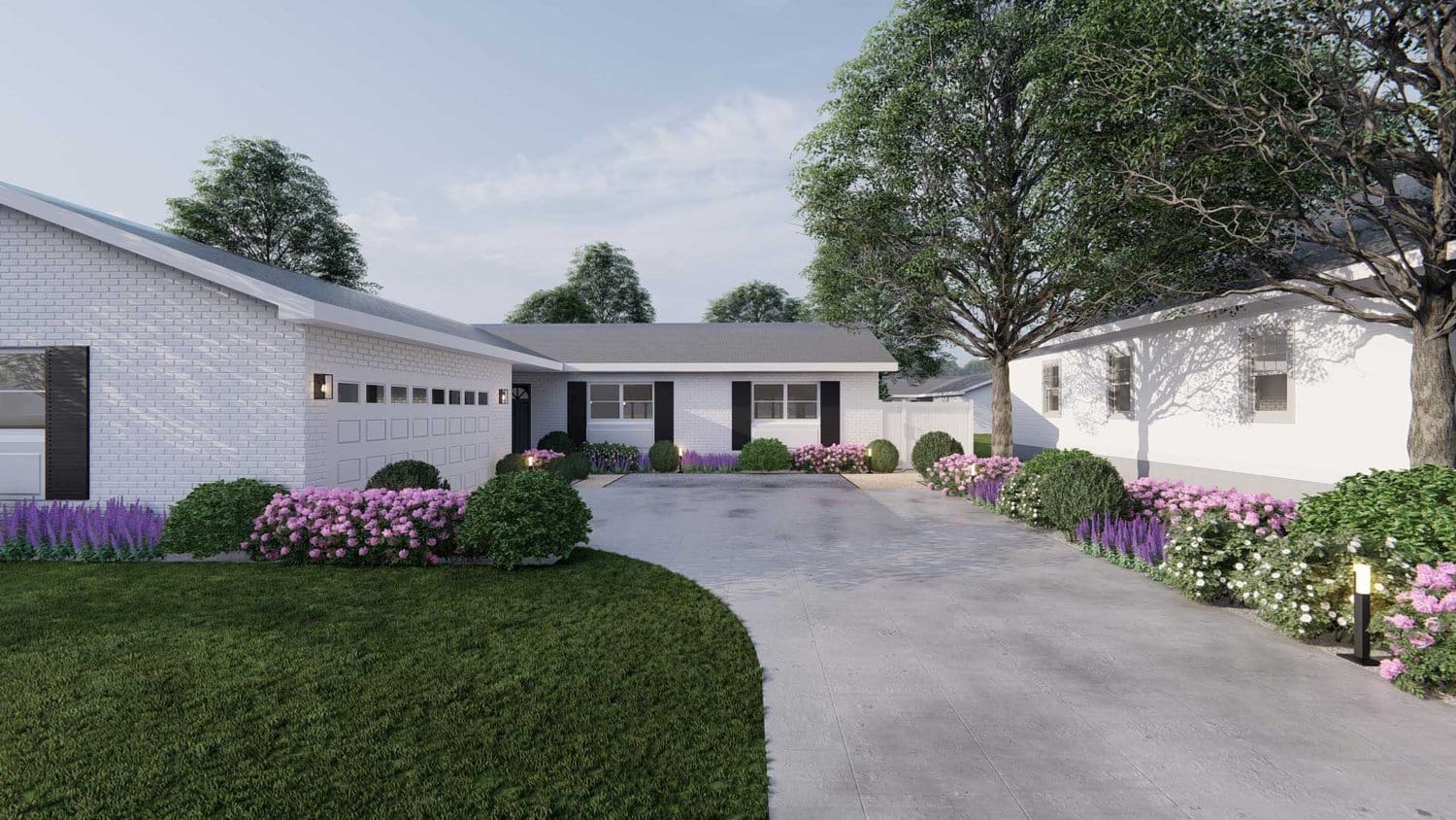 Winter Park front yard with driveway and lawn with flowers