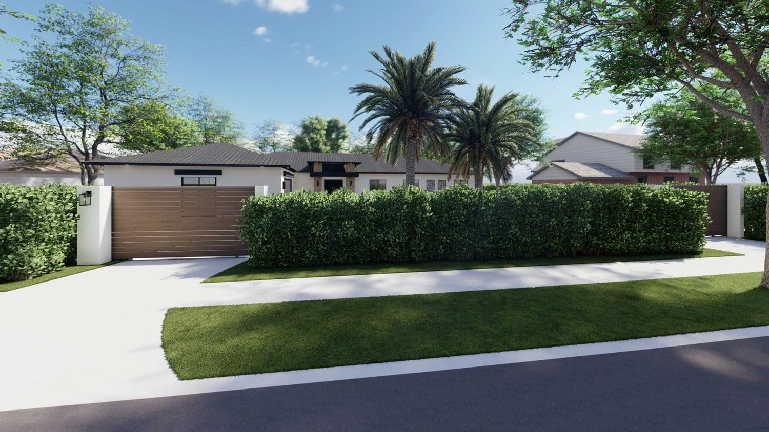 Winter Park front yard with concrete driveway and lawn with beautiful trees