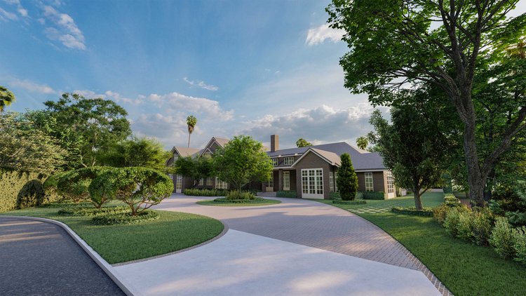 Winter Park front yard with asphalt driveway and lush trees