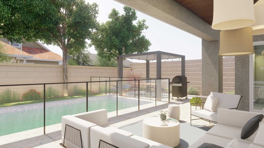 view from seating area of pool with glass wall surround and pergola in background