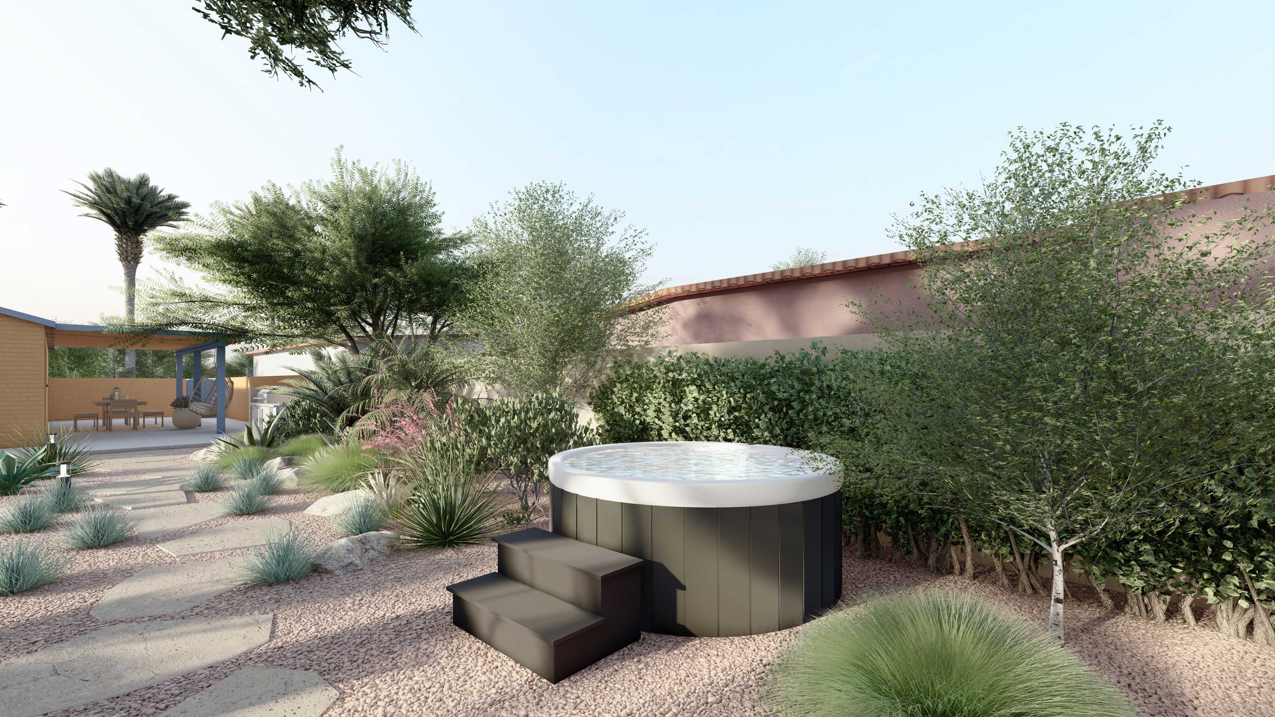 black hot tub with steps on gravel and plants surrounding