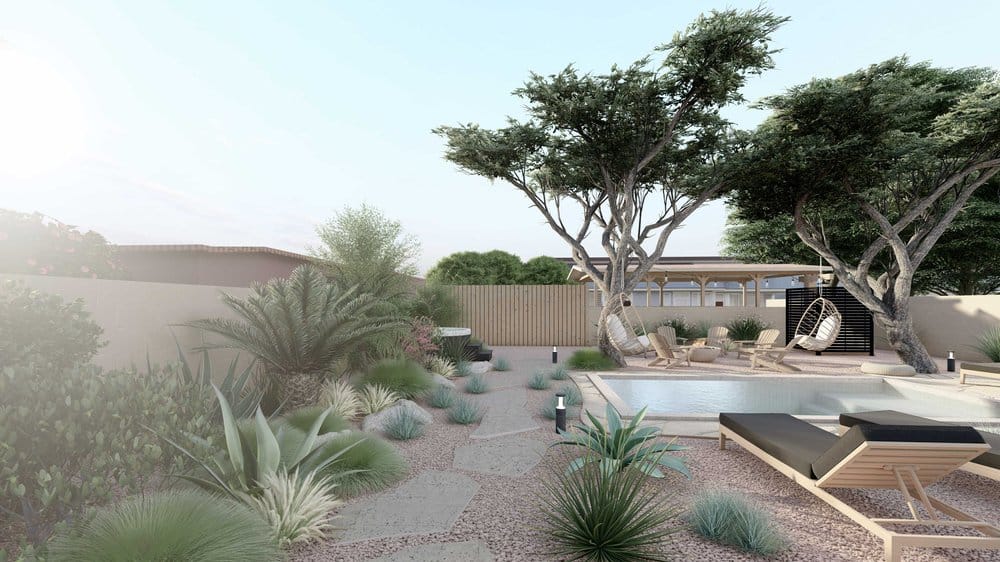 drought tolerant plants in gravel with a stone walkway traveling through and pool on the right