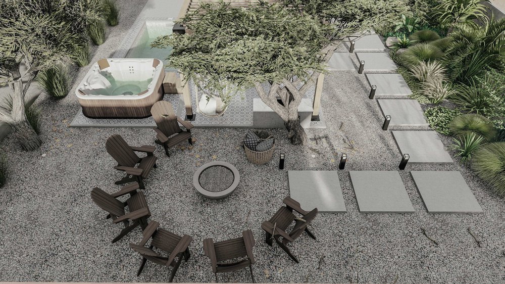 overhead view of fire pit seating area with adirondack chairs and concrete paver path