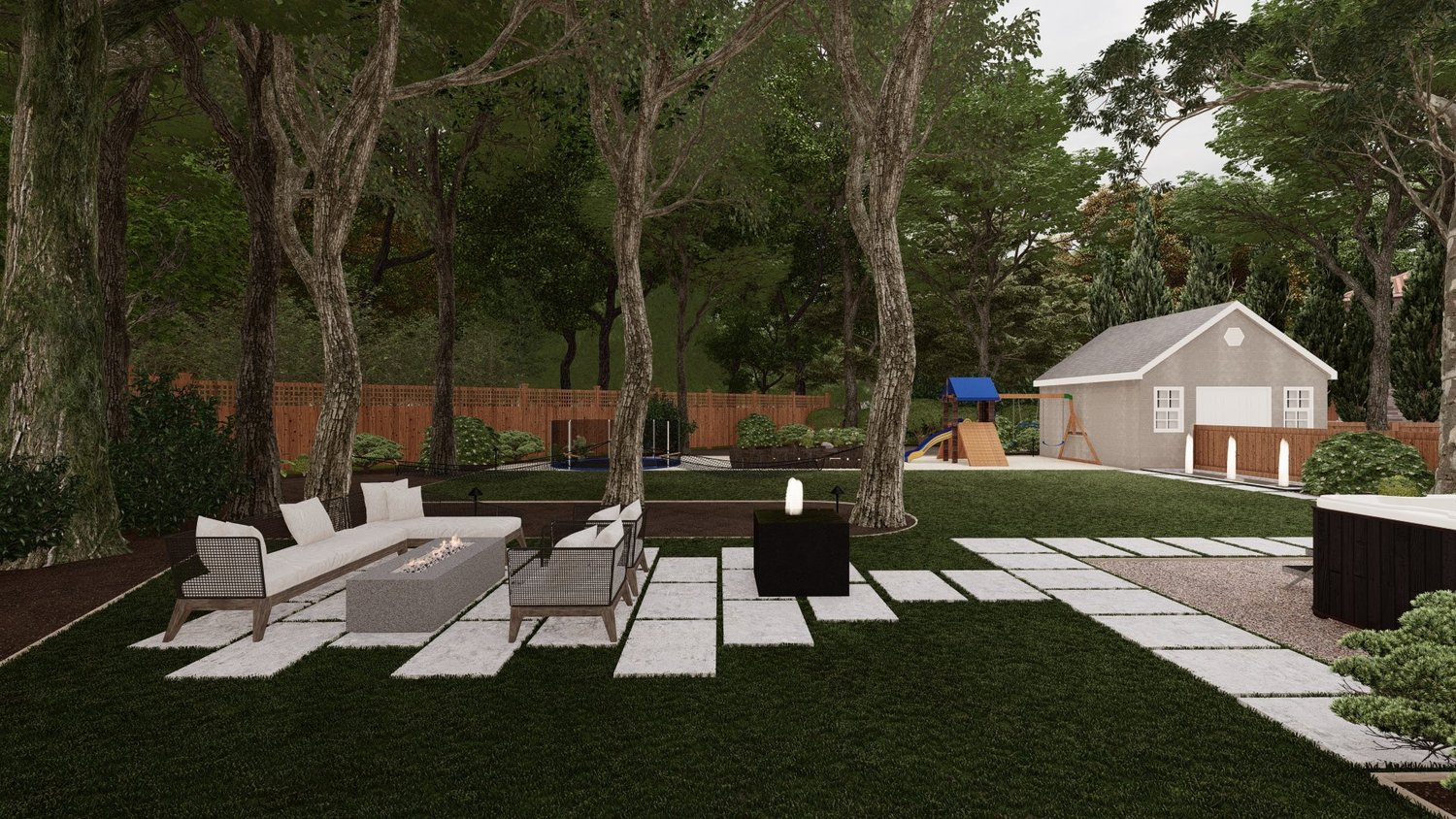 Burlington yard with lawn, paver, fire pit and sitting area