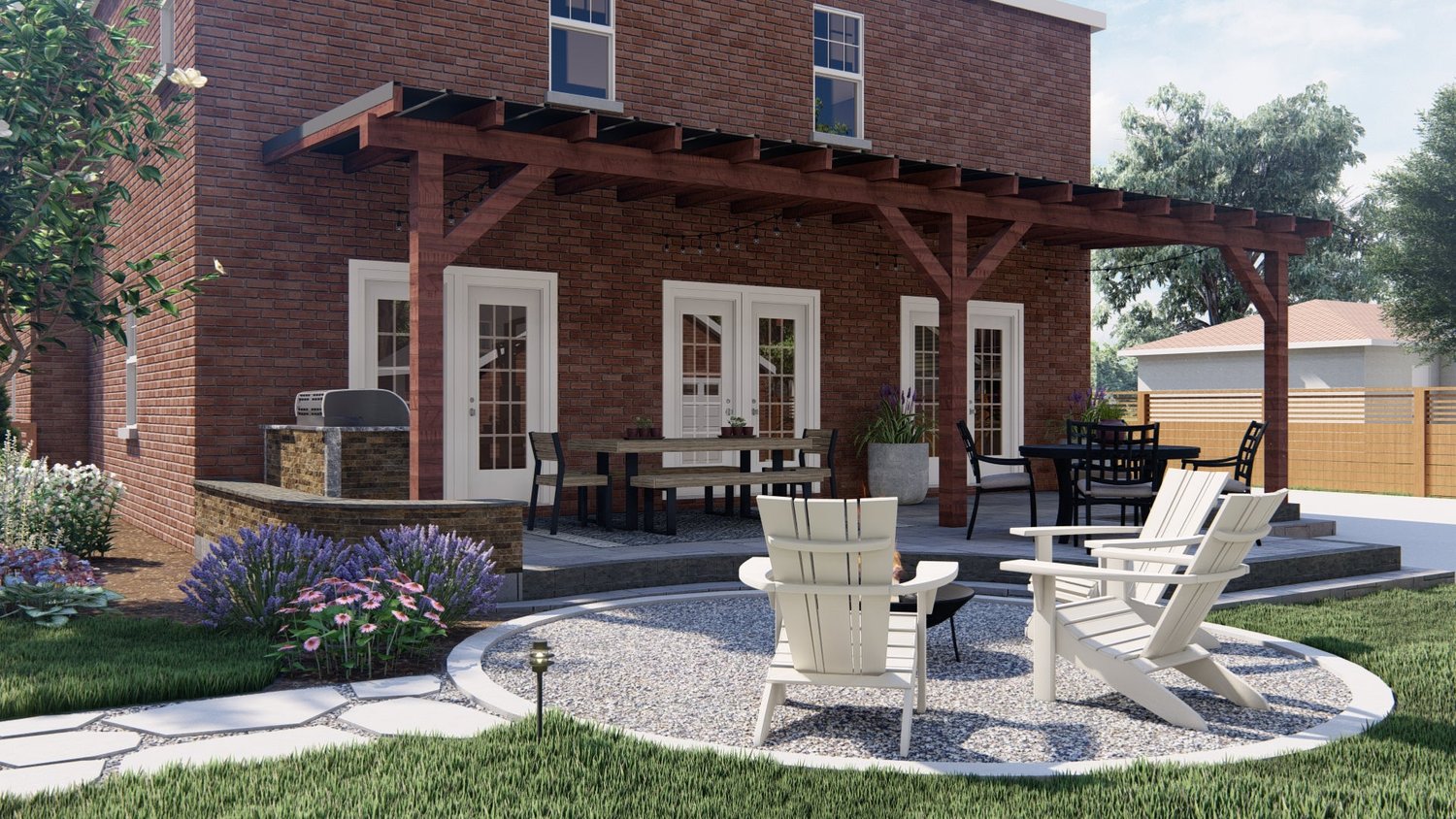 Burlington yard with patio, outdoor dining area and pergola