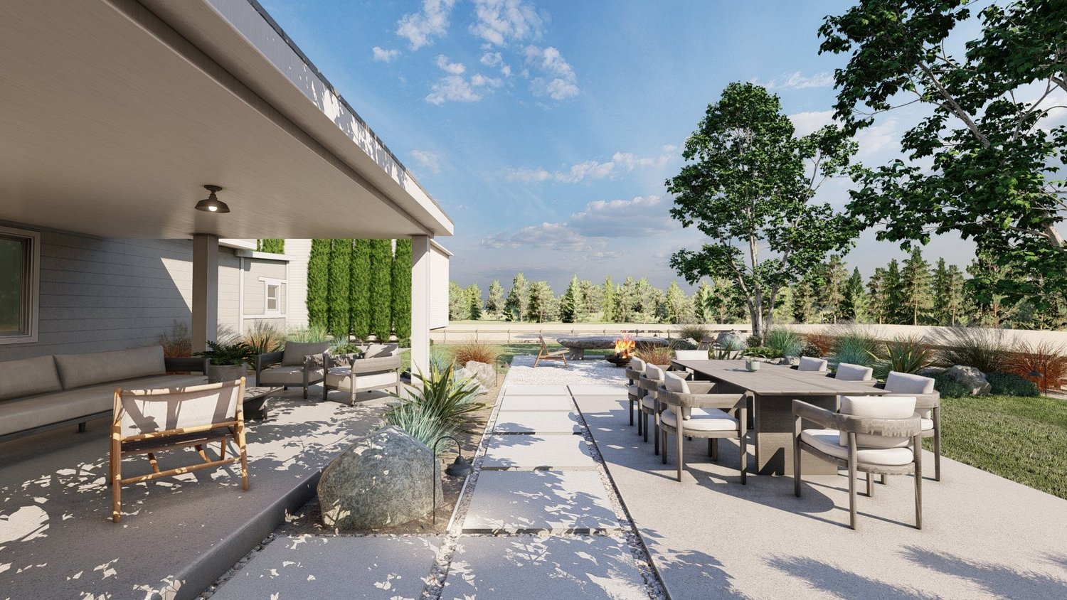 Cheyenne front yard with dining set on a concrete patio