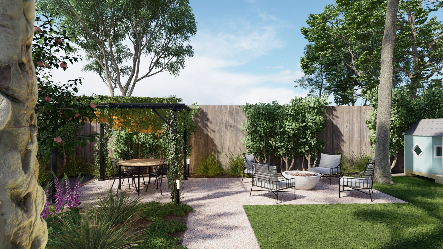 Cheyenne backyard patio with fire pit seating area and pergola with climbing plants over dining area