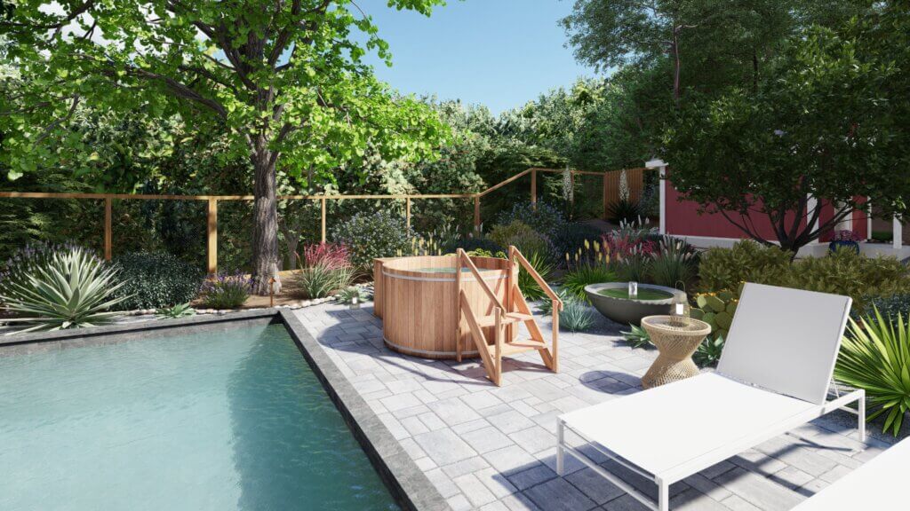 cold plunge tub on a poolside patio in a Cupertino landscape design